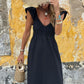 V Neck Flutter Sleeve Smocked Bodice High Waist Ruffle Maxi Dress
