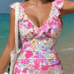 Floral Ruffle Trim V Neck Lace-up Back Tummy Control One Piece Swimsuit