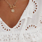 Embroidered Lace Patchwork Tie Neck Puff Short Sleeve Blouse