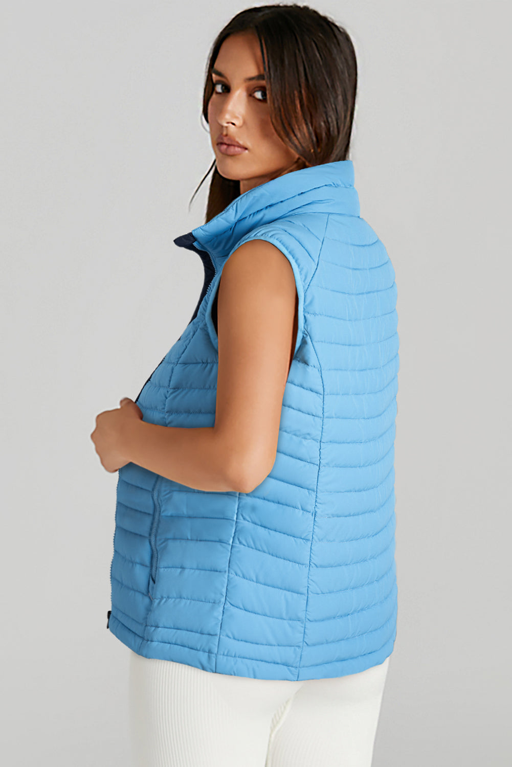 Plush Collared Quilted Zipped Puffer Vest