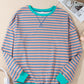 Striped Contrast Ribbed Trim Crossed Stitch Drop Shoulder Sweatshirt