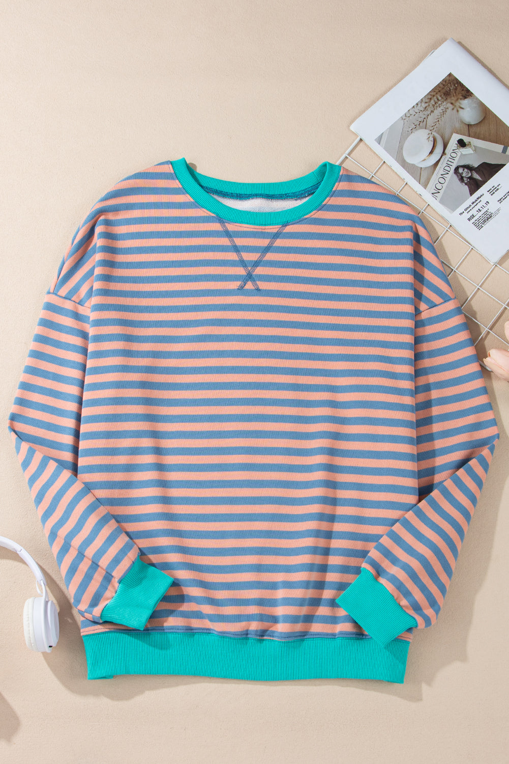 Striped Contrast Ribbed Trim Crossed Stitch Drop Shoulder Sweatshirt