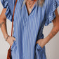 Frilly Split Neck Shirred Ruffle Sleeve Short Shift Dress