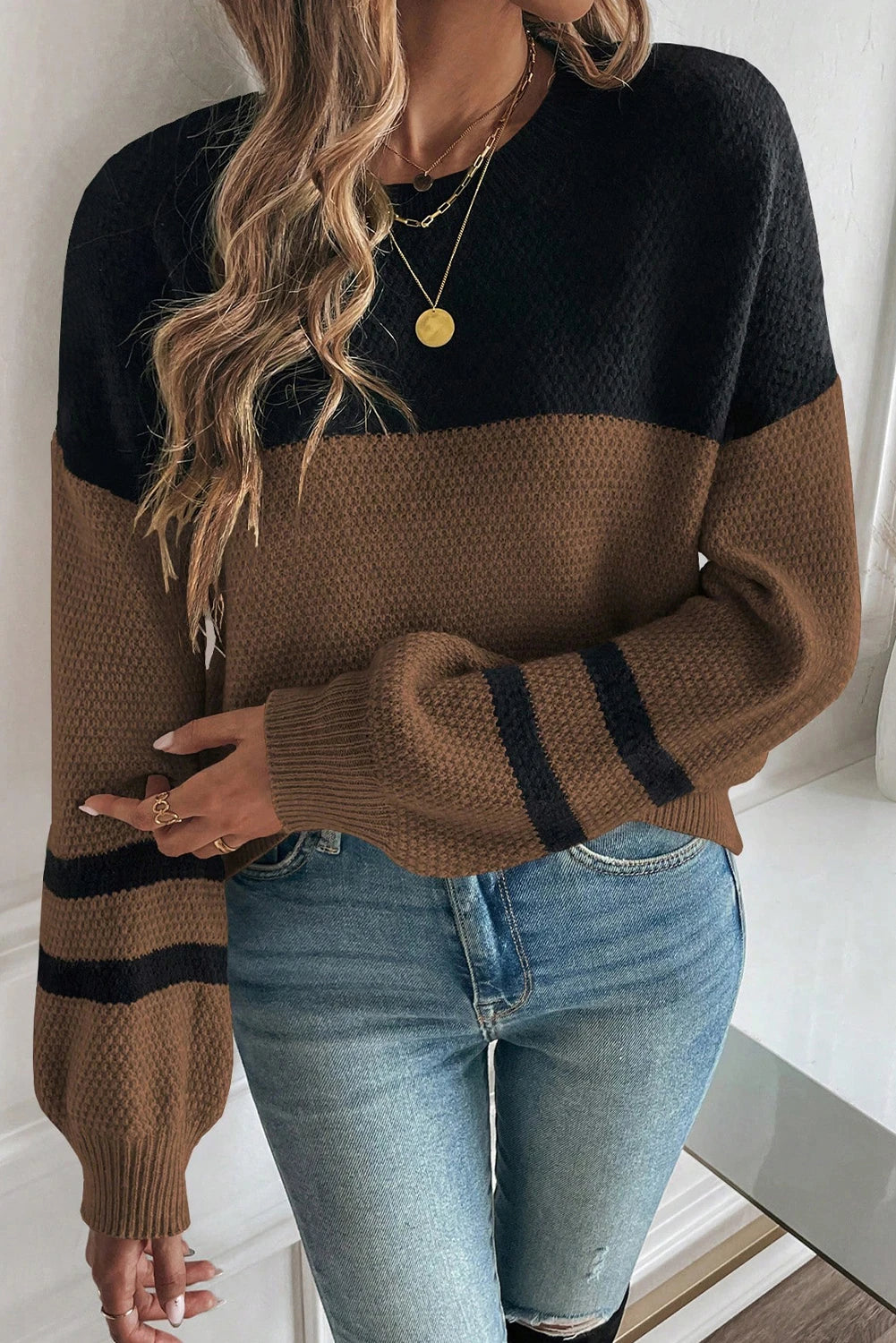 Block Knit Striped Sleeve Detail Casual Sweater