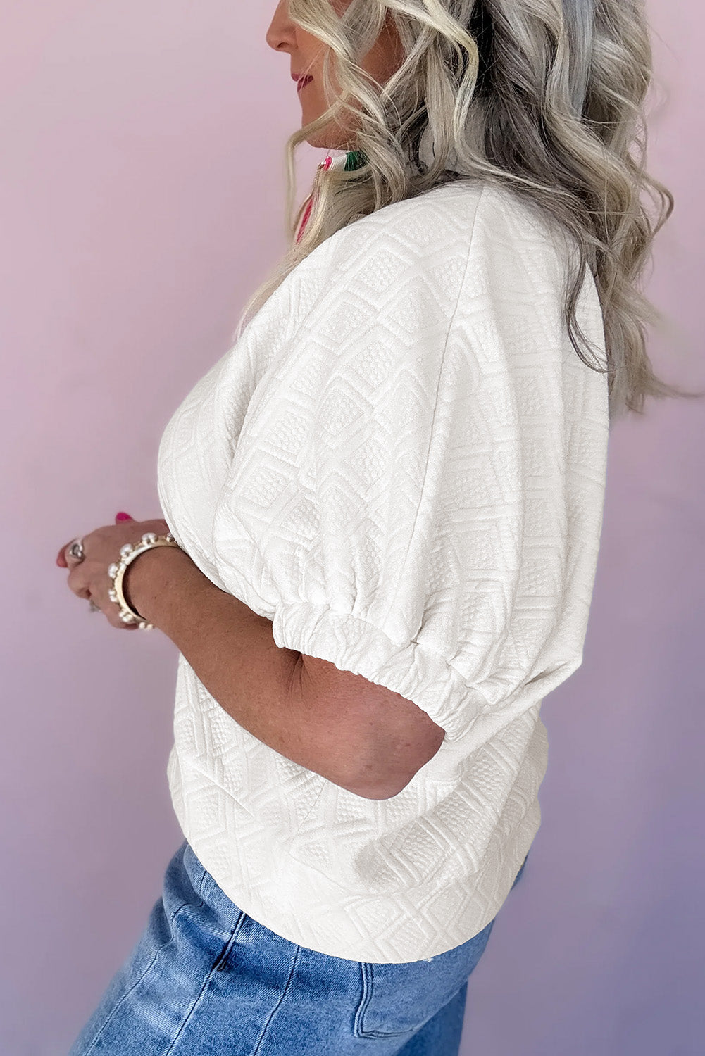 Contrast Striped Collar Patchwork Textured Half Sleeve Blouse