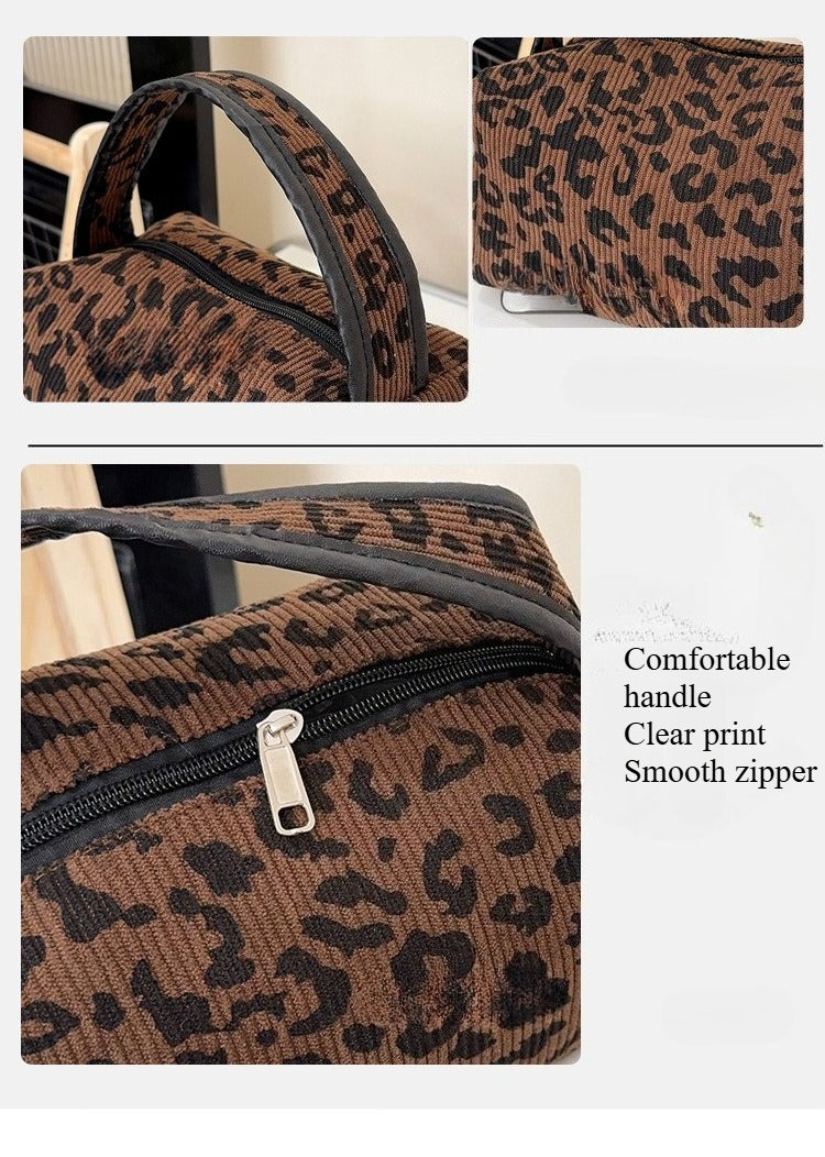 Corduroy Leopard Print Cosmetic Bag
