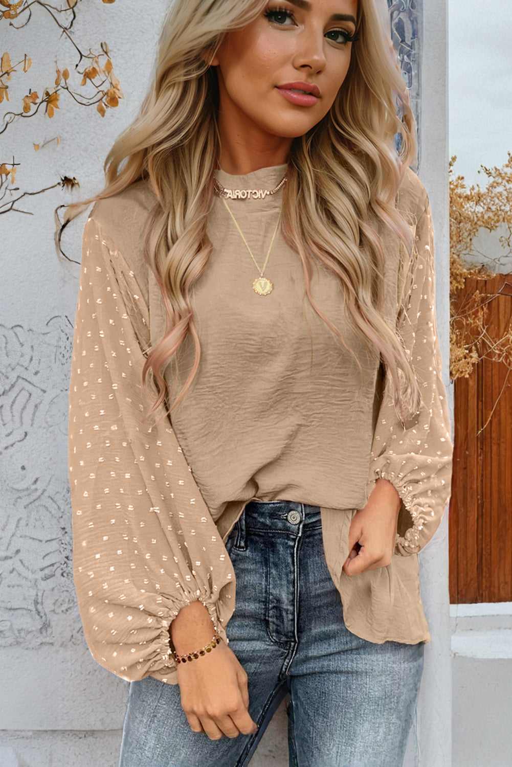 Swiss Dot Balloon Sleeve Blouse