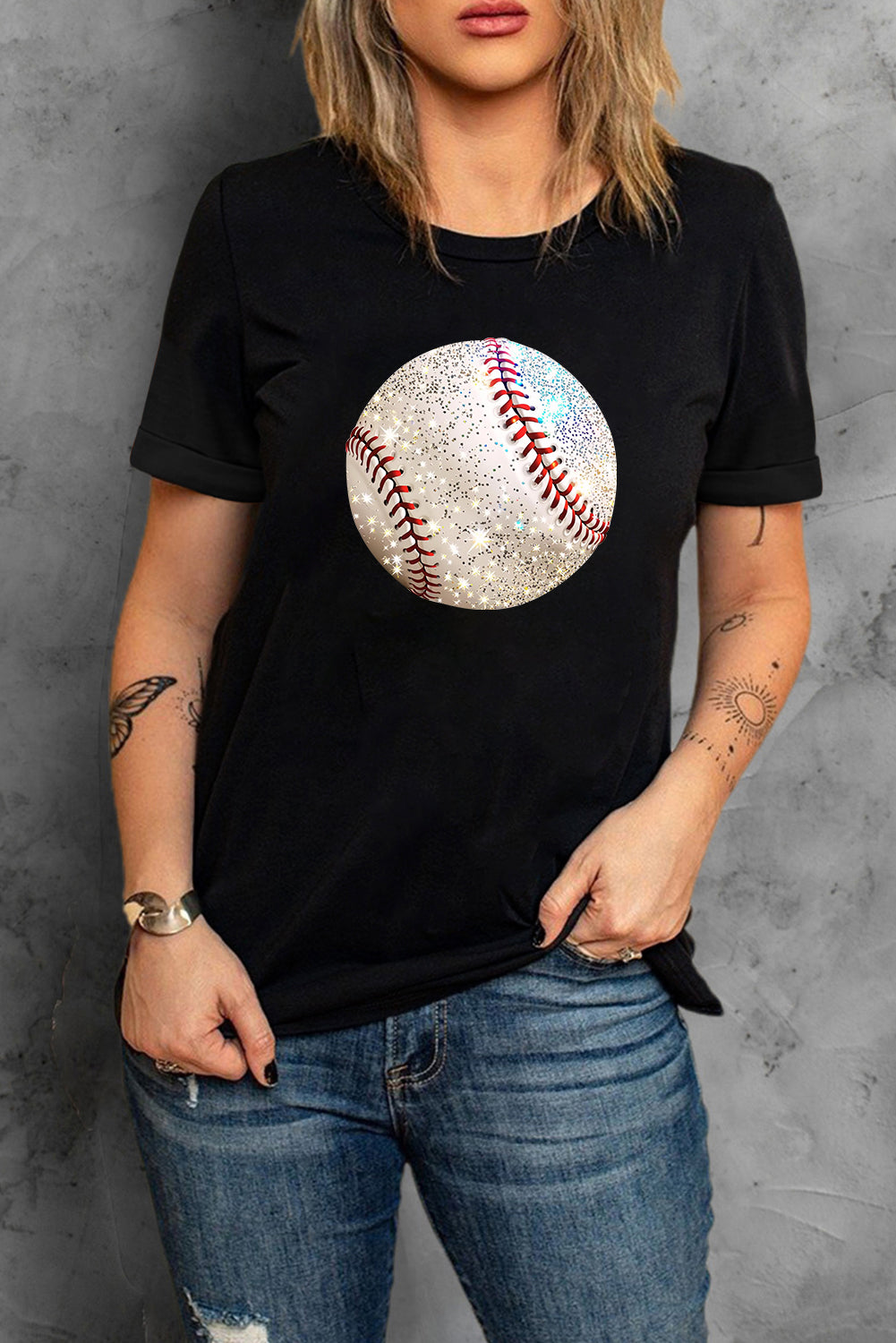 Heat Transfer Baseball Print Cotton Blend T Shirt
