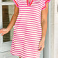 Green Stripe Print Contrast Collar Split Neck Flutter Sleeve Short Dress