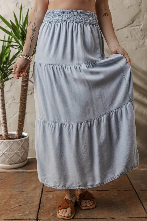 Beau Blue Tiered Smocked High Waist Denim Maxi Skirt