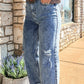 Mineral Wash Bottom Cuff Distressed Wide Leg Jeans