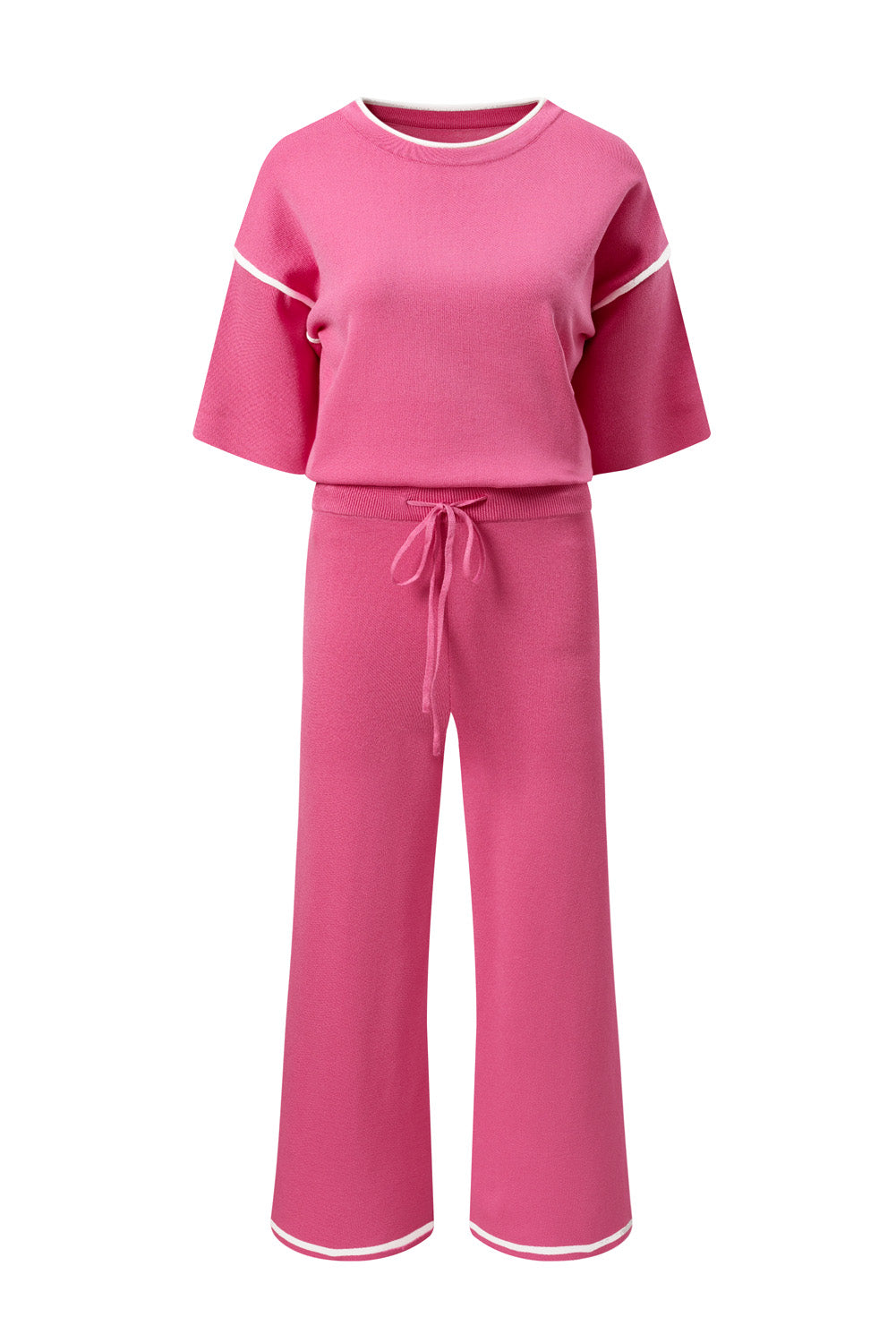 Contrast Trim Half Sleeve Top Drawstring Pants Loose 2pcs Sweater Suit