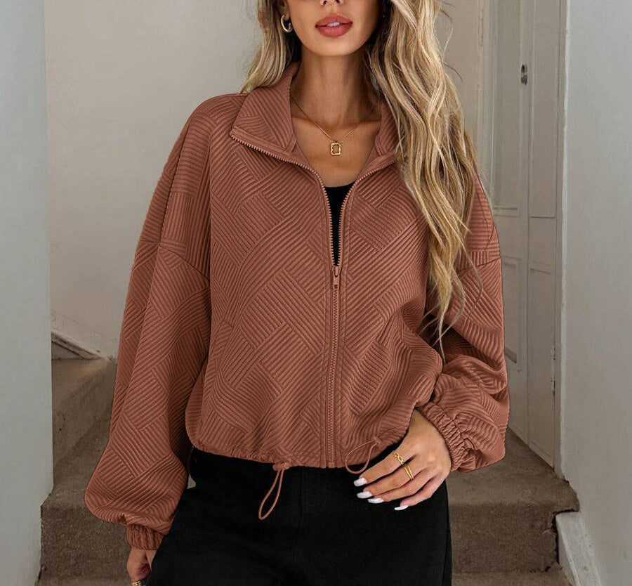 Chic Geometric Textured Zip Up Jacket