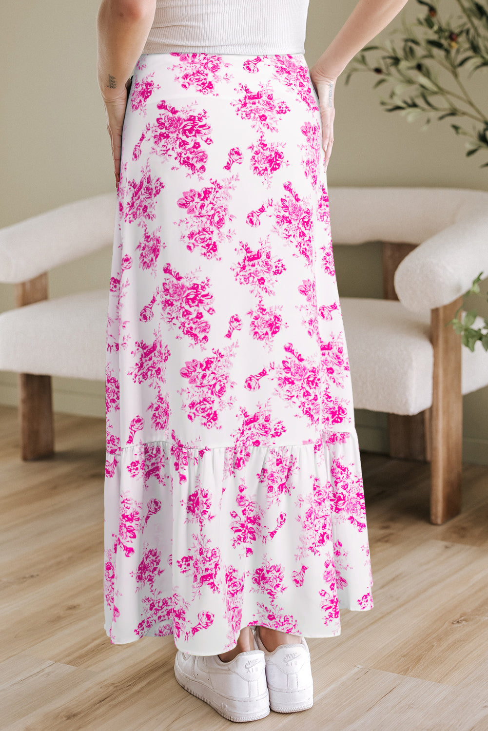 Boho Floral High Waist Ruffle Split Maxi Skirt