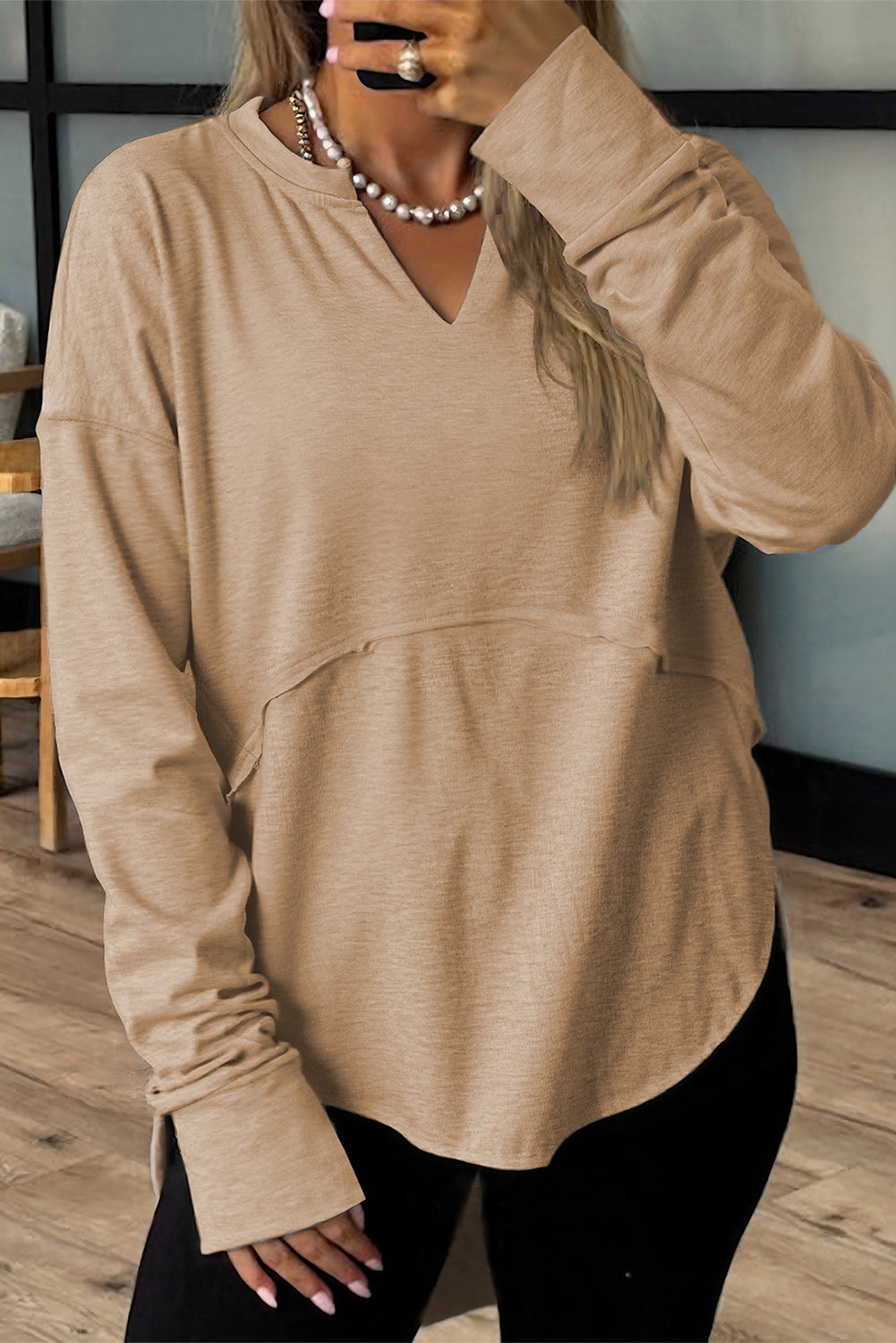 Notched Neck Terry Raw Hem Long Sleeve Top