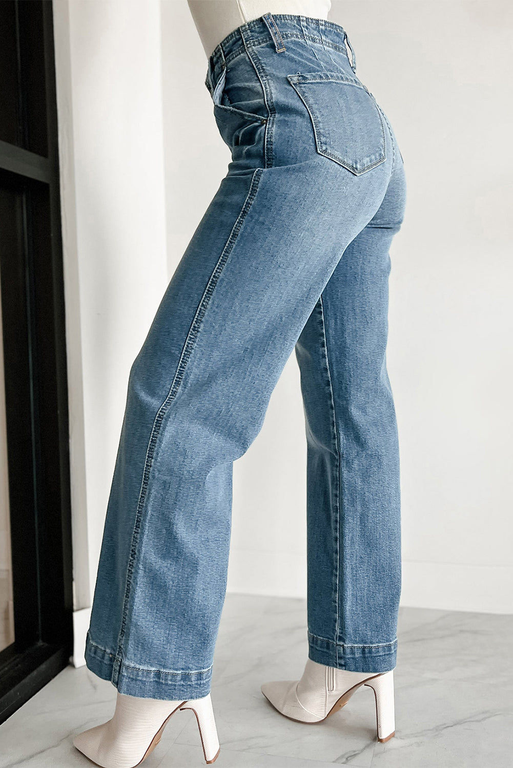 Wash Buttons Straight Wide Leg Jeans