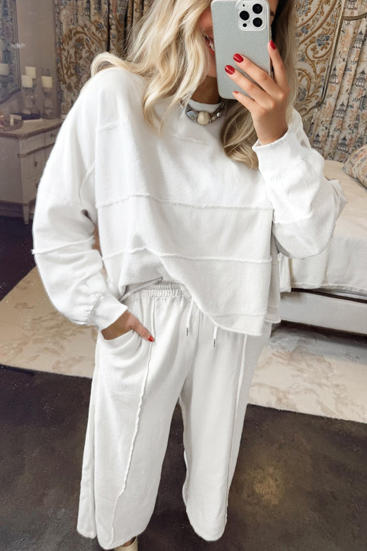 Textured Raw Seam Plus Size Pullover Top and Drawstring Pants Set