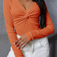 Textured Twist Front V Neck Long Sleeve Slim Solid Color Top