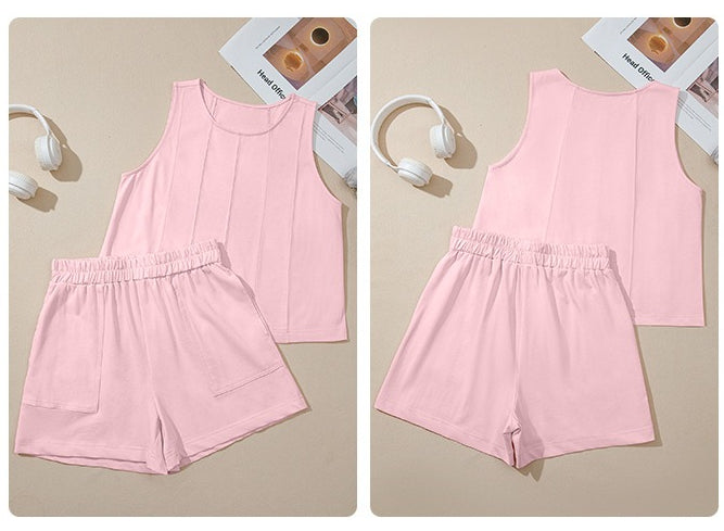 Stitched Detail Loose Tank Top Cotton 2pcs Short Set
