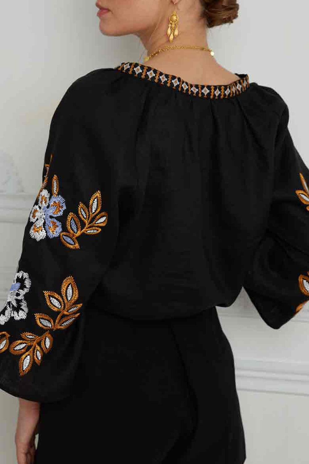 Boho Floral Embroidered V Neck Blouse