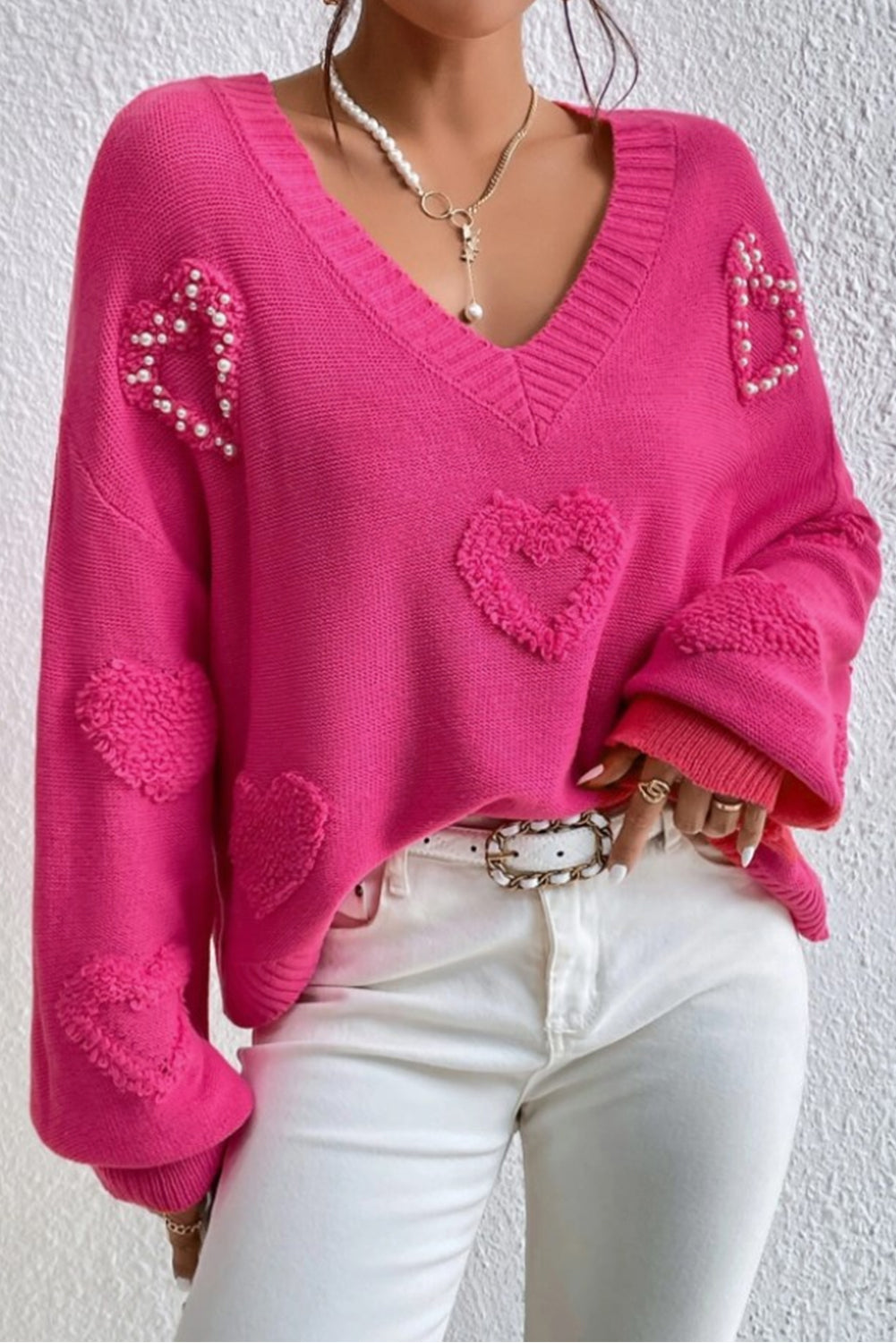 Pearl Embellished Fuzzy Hearts Sweater