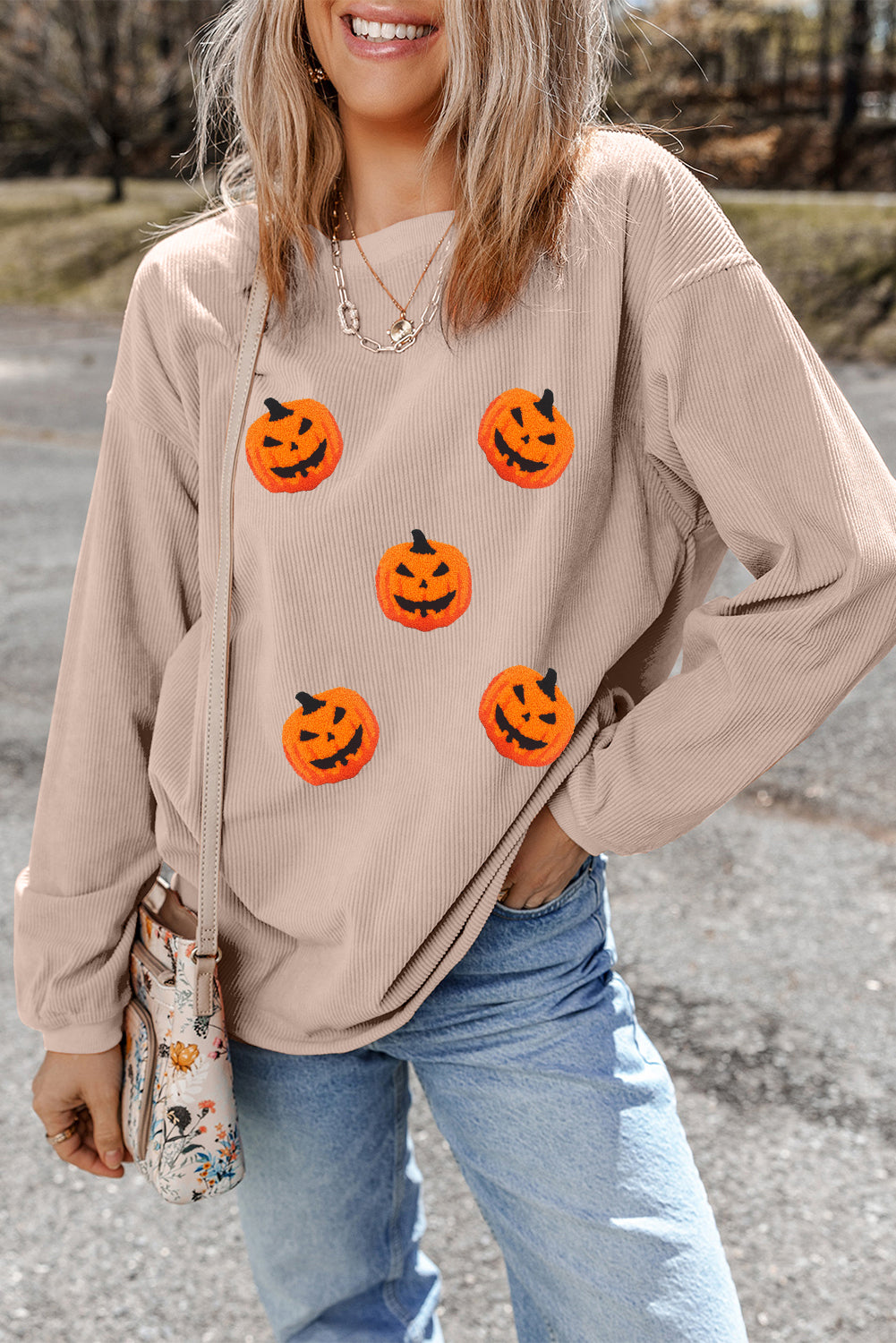 Twisted Rib Texture Chenille Halloween Pumpkin Patched Drop Shoulder Sweatshirt