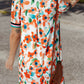 Contrast Trim Floral Split Neck Puff Short Sleeve Tiered Mini Dress
