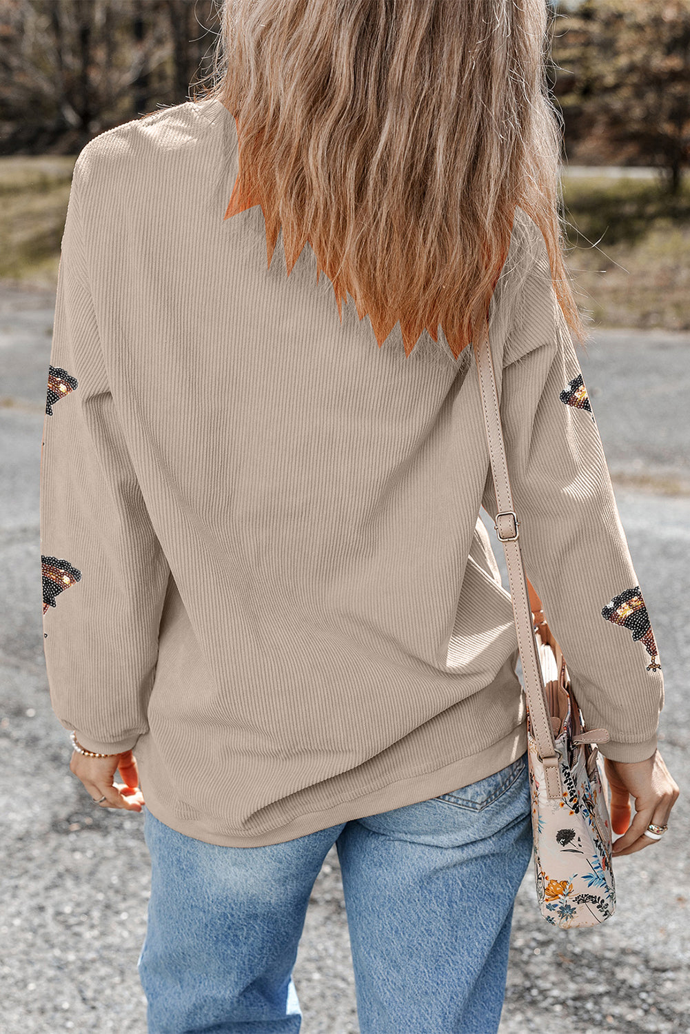 Twisted Ribbed Sequined Thanksgiving Turkey Graphic Baggy Sweatshirt
