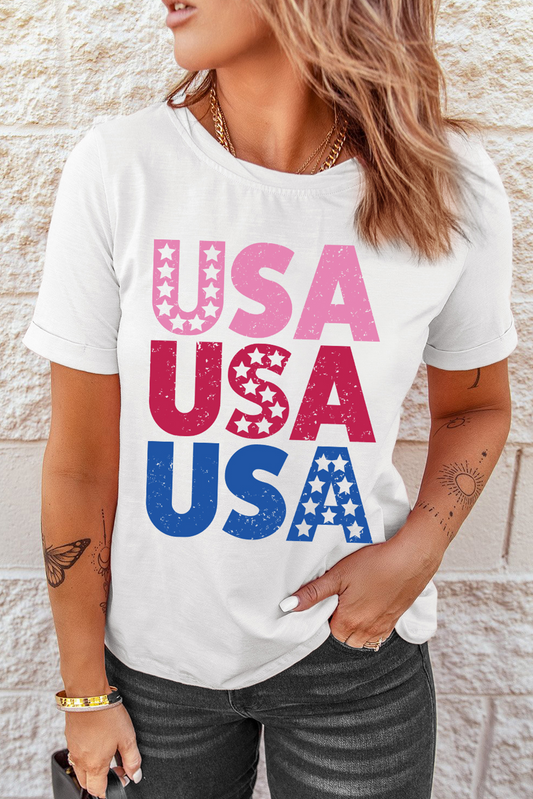 USA Starry Letter Graphic Cotton Blend T Shirt