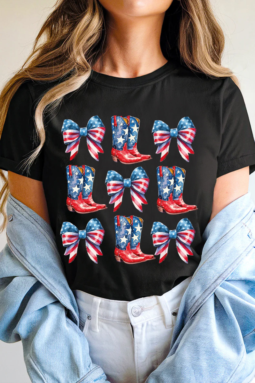 Black Stars and Stripes Bowknot Cowgirl Boots Graphic Patriotic Tee