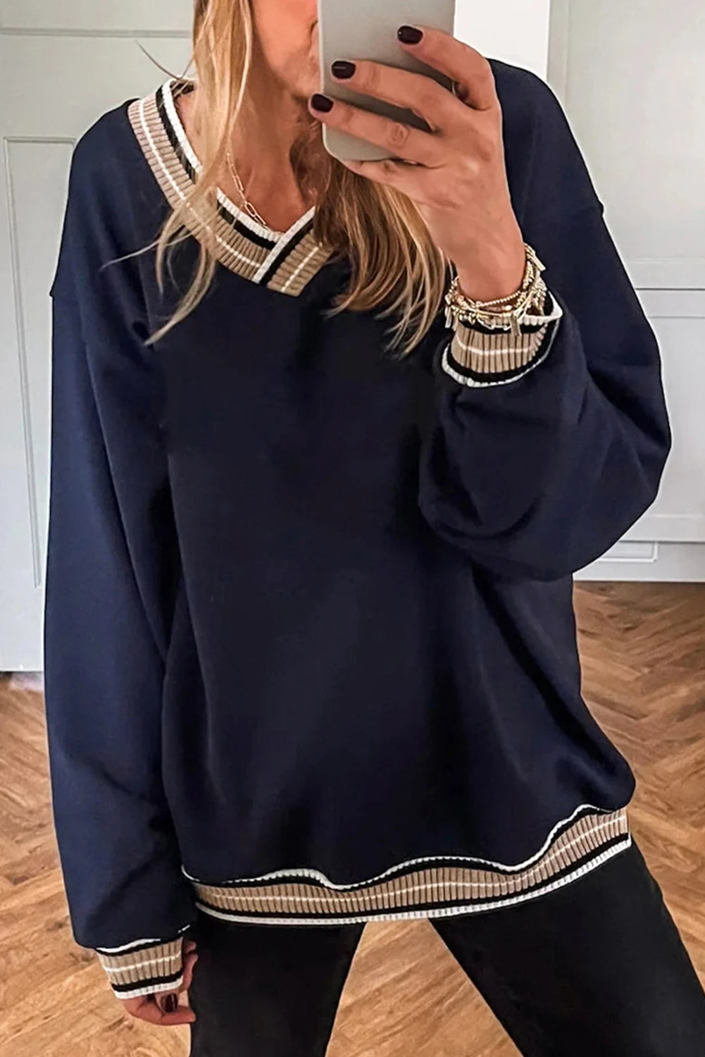 Contrast Striped Trim V Neck Sweatshirt