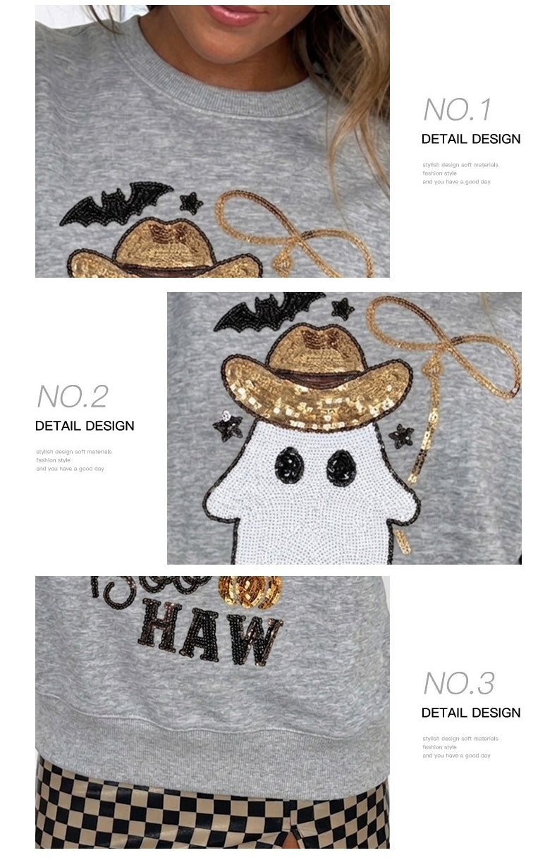 Grey Sequin Western Ghost Print Long Sleeve Round Neck Sweatshirt