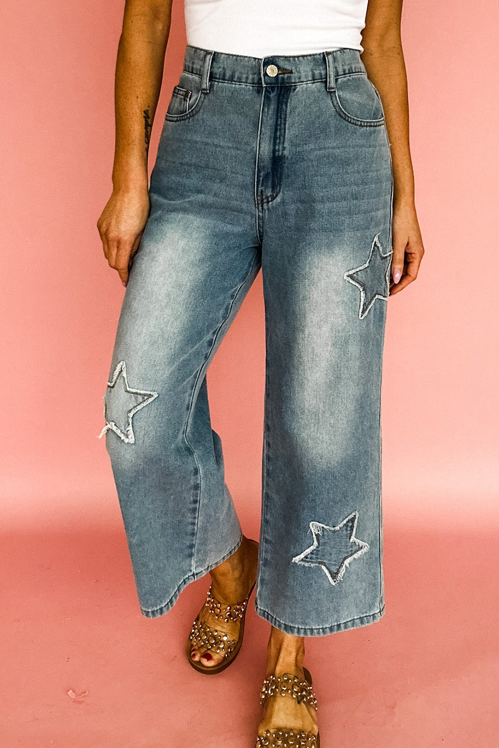 Star Patchwork Cropped Wide Leg High Waist Jeans