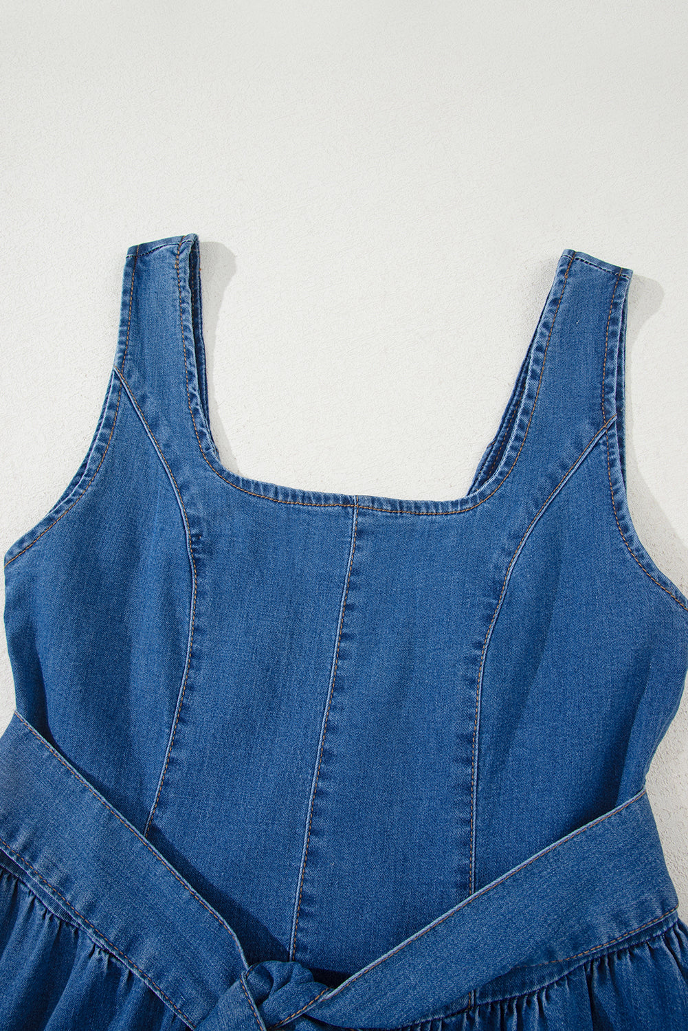 Square Neck Bowknot A-line Sleeveless Denim Dress