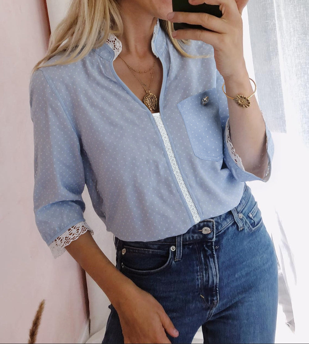 Lace Trim Patchwork Dotted Print Collared Denim Blouse
