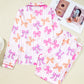 Striped Bow Print Contrast Piping Trim Shirt and Pants 2pcs Pajama Set