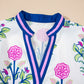 Floral Print Contrast Striped Trim Notched Neck Long Sleeve Dress