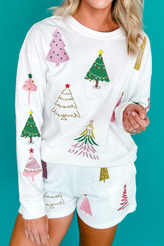 Multi Christmas Tree Long Sleeve Top and Shorts 2pcs Lounge Set