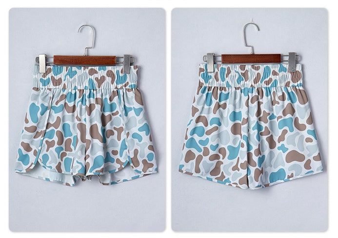 Camouflage Print Shirred High Waist Athleisure Shorts