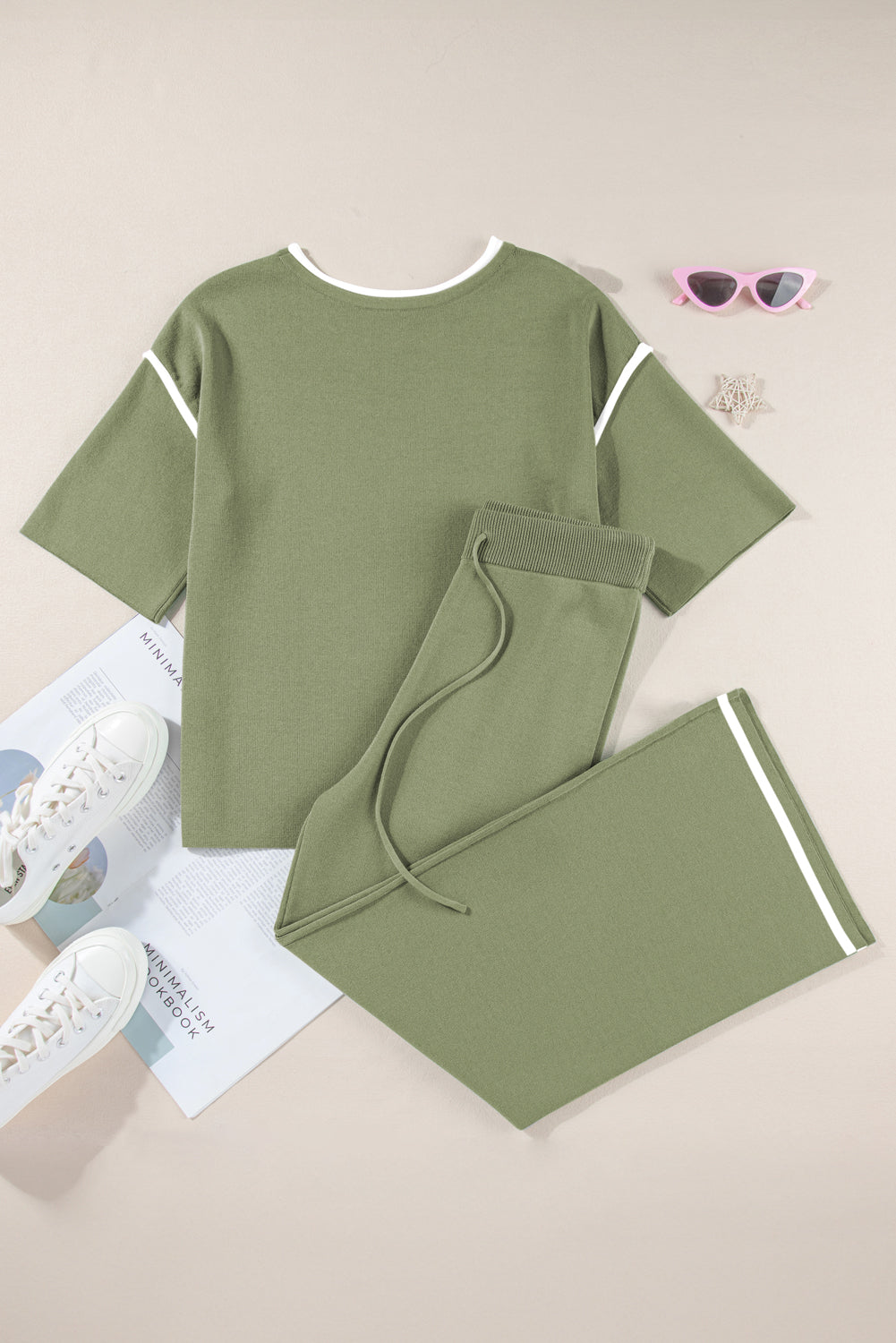 Contrast Trim Half Sleeve Top Drawstring Pants Loose 2pcs Sweater Suit