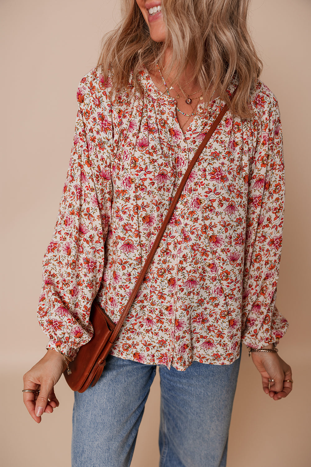 Detail Notched Neck Puff Sleeve Blouse