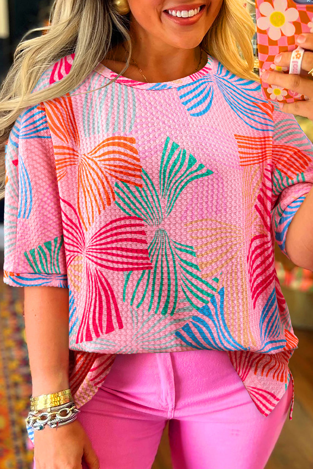 Printed Waffle Crewneck Loose Short Sleeve Top