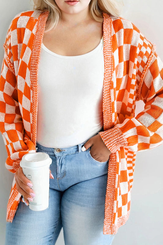 Checkered Bubble Sleeve Drop Shoulder Open Cardigan