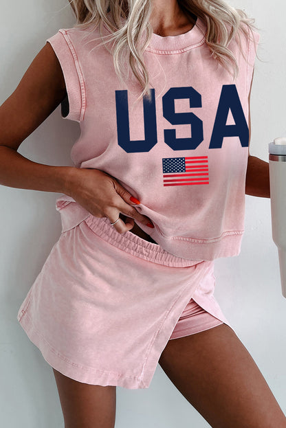 USA Flag Graphic Tank Top and Skort Short Set