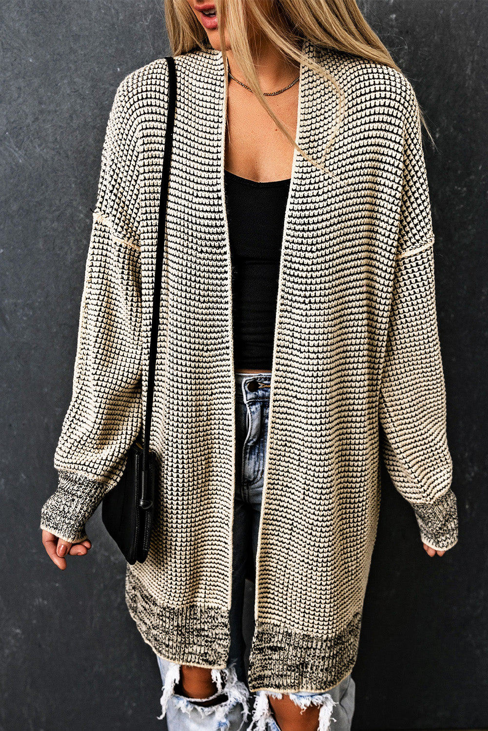 Plaid Knitted Long Open Front Cardigan