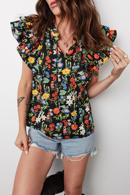 Sleeve V Neck Flower Blouse
