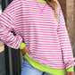 Striped Contrast Ribbed Trim Crossed Stitch Drop Shoulder Sweatshirt