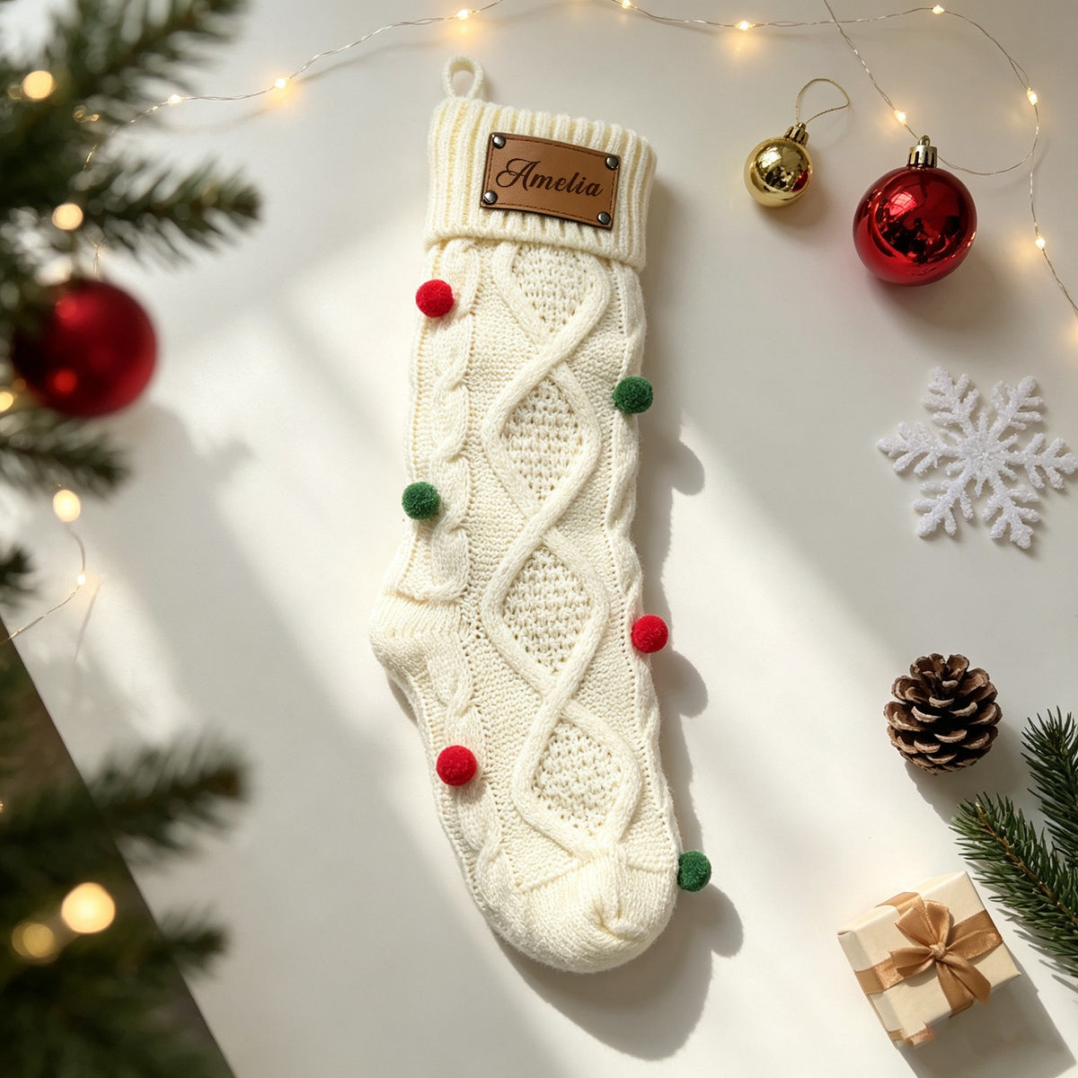 Custom Polka-dot Christmas Stocking with Leather Patch