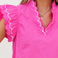 Contrast Scallop Trim Layered Short Sleeve V Neck Blouse