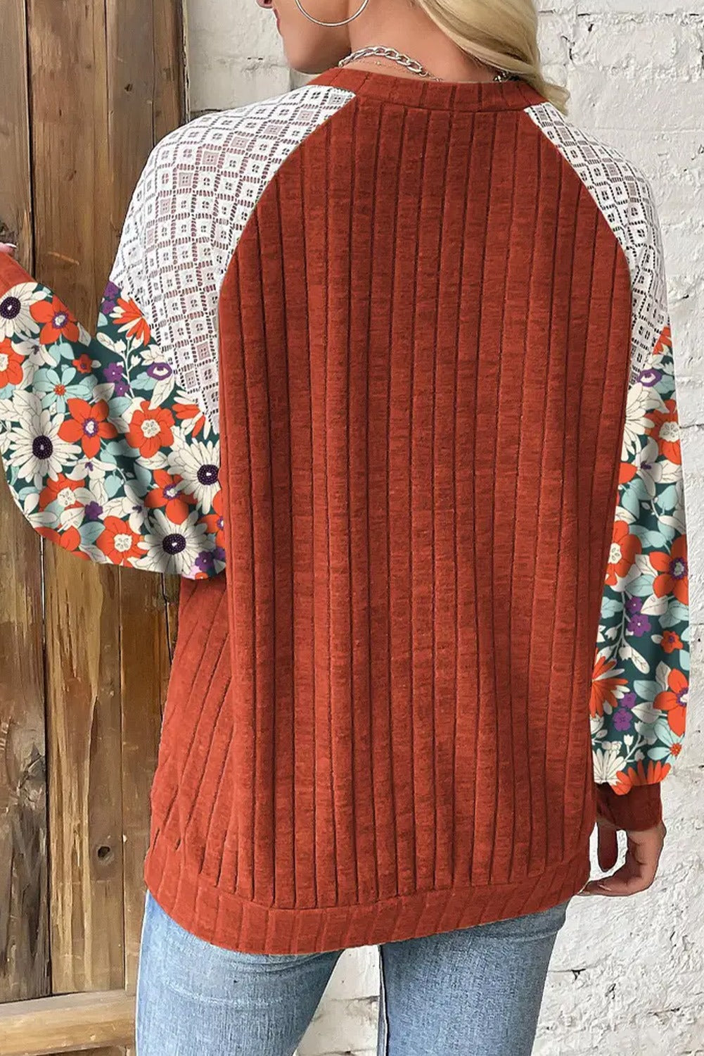 Floral Patchwork Ribbed Blouse